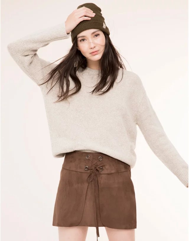 Women winter American Fashion brown Faux Suede leather drawstring side zipper A-line mini Skirts casual brand