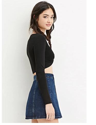 American Style Spring Fashion Women sexy black short T-shirt V-neck ruffle Long sleeve crop Shirt casual fit stretch tops