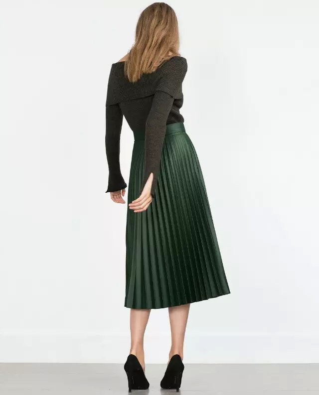 European Fashion Spring women vintage faux leather green Mid-Calf Pleated skirts side zipper casual brand designer female