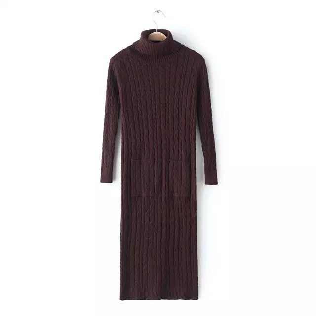 European Fashion women Winter warm Turtleneck Black Twist Knitted sweater long Dress Vintage long sleeve pocket brand