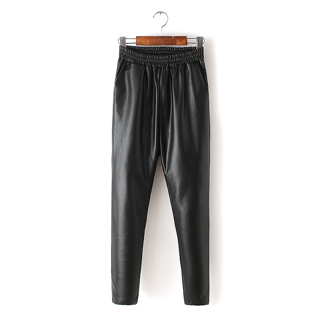 European Spring Fashion women black Faux Leather Elastic waist Harem Pants pockets trousers Casual brand Pantalones Mujer