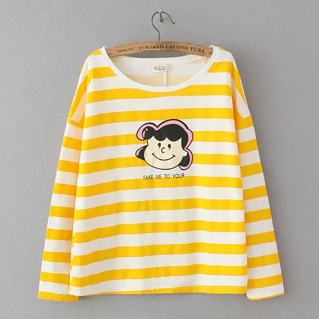 Fashion Women Autumn cotton Cute Striped Cartoon Print O-Neck batwing Sleeve T-shirt Casual loose brand tops