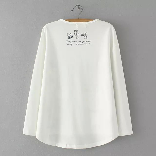 Fashion Women Autumn white cotton Letter Cat Print O-Neck batwing Sleeve T-shirt Casual loose brand tops