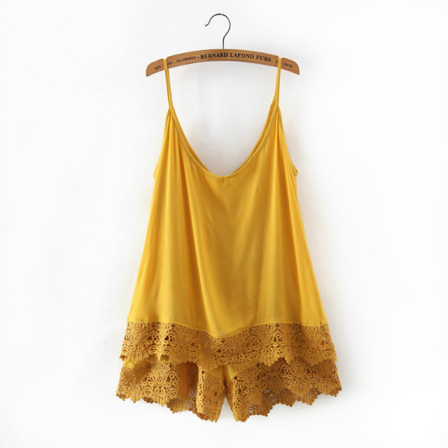 Fashion Women cotton sexy yellow lace patchwork Spaghetti Strap Jumpsuits O-neck backless loose Casual brand Rompers
