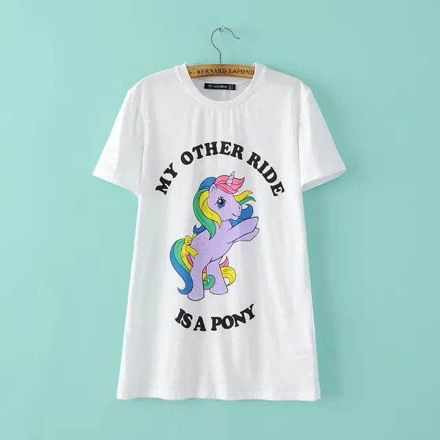 Fashion women Cute white pony Cartoon Letter print T-shirt O-neck short sleeve casual brand tops
