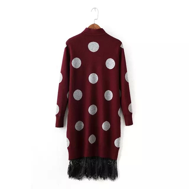 Fashion Women elegant Dots pattern knitted sweater Lace patchwork wine red Dress Turtleneck Long sleeve casual brand