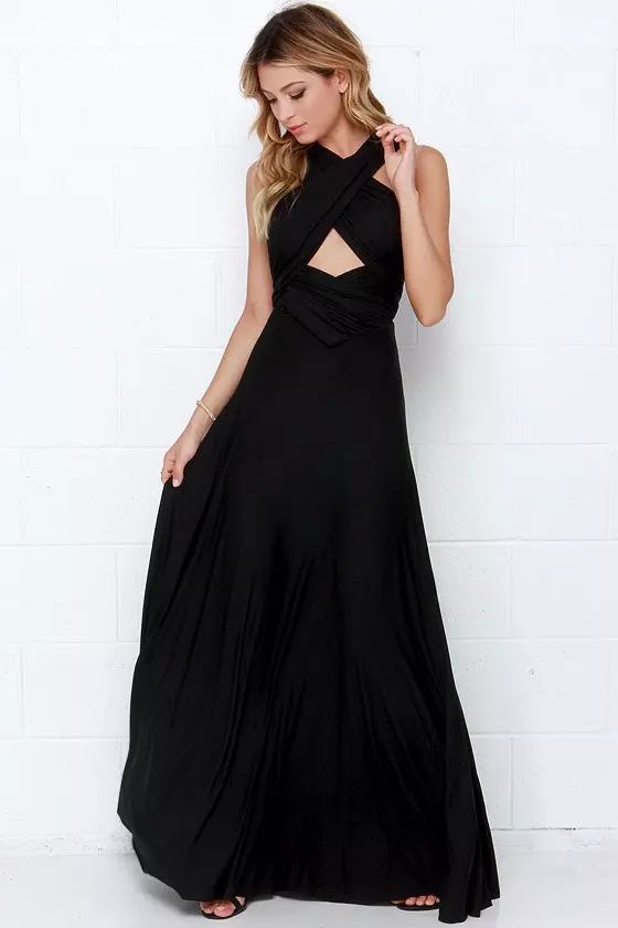 Fashion women Elegant sexy back Bow Floor-Length pleated bra Dress Sexy black Backless sleeveless evening party