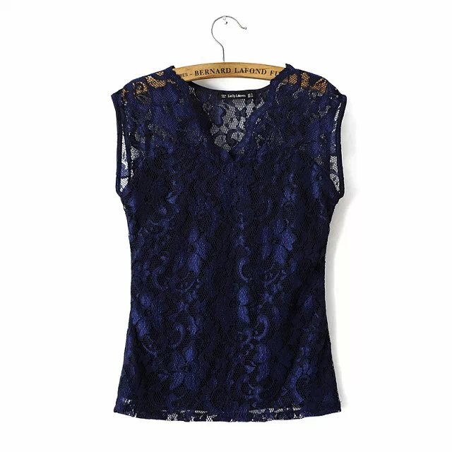 Fashion women elegant sexy black lace blouse sleeveless V-neck hollow out fit casual brand female tops