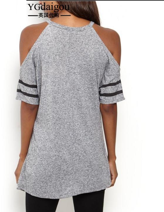 Fashion Women Elegant Sexy gray Letter Print long T-shirt O-neck off shoulder short sleeve off shoulder Casual brand Tops