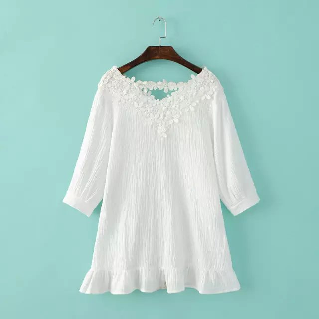 Fashion women elegant sweet white cotton Linen lace patchwork ruffle blouses V-neck Three Quarter shirts casual brand tops