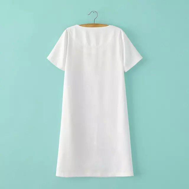 Fashion women elegant white Cartoon print Knee-Length Dress Vintage O-neck short sleeve loose streetwear casual brand