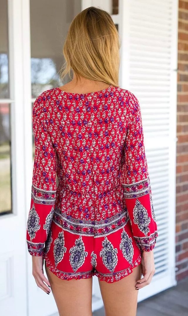 Fashion Women sexy Red Floral print jumpsuits vintage Long Sleeve drawstring Tunic hollow out V-neck brand Rompers