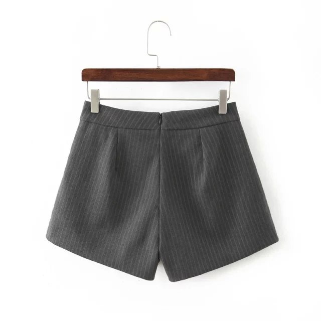 Fashion Women Spring Elegant gray striped pattern woolen shorts back zipper pocket office casual brand designer Female