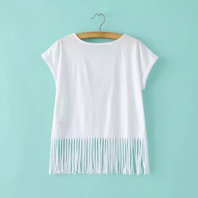 Fashion Women Tassel white Letter heart print T-shirt O-neck short sleeve shirts Casual Brand cropped Tops