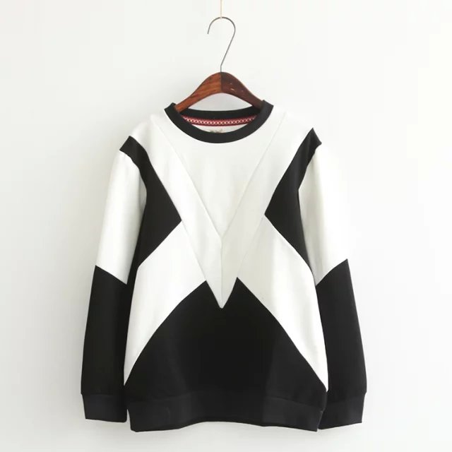 Fashion women White black patchwork print stretch sport pullover O-neck Casual hoodies long Sleeve loose sweatshirts brand
