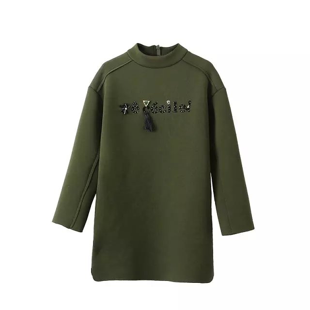 Fashion women winter elegant army green Letter patchwork beading tassel mini Dress batwing Sleeve Turtleneck Casual brand