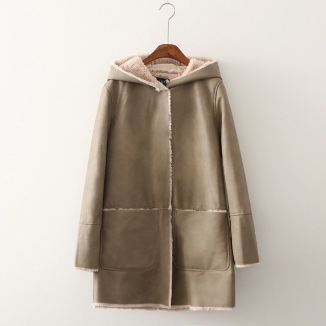 Fashion Women winter thick warm khaki Faux Leather hooded Jacket button pocket long sleeve Casual brand Coats plus size