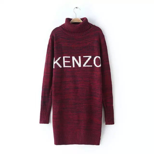 Fashion women Winter thick warm letter pattern Turtleneck Knitted Knee-Length Dress red Vintage long sleeve casual brand