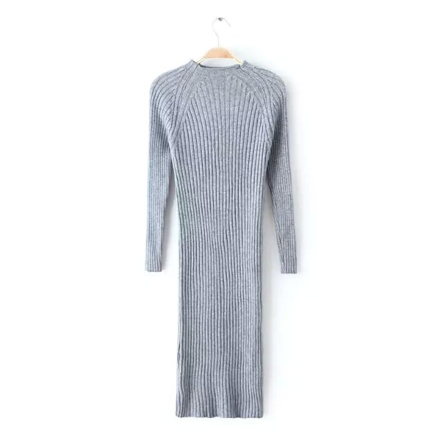 Fashion Women Winter warm Elegant gray Knitted Mid-Calf Dress vintage Turtleneck long sleeve stretch casual brand vestidos