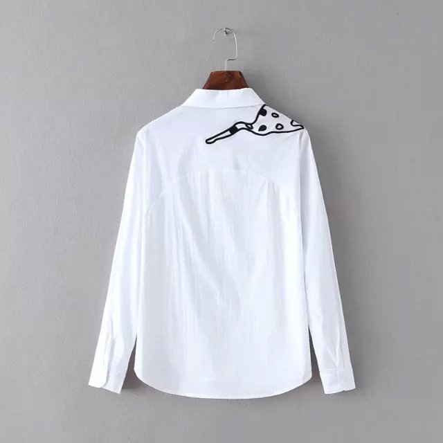 Spring Fashion elegant cute women Cat fish embroidery white Turn-down collar blouse button long sleeve casual brand tops