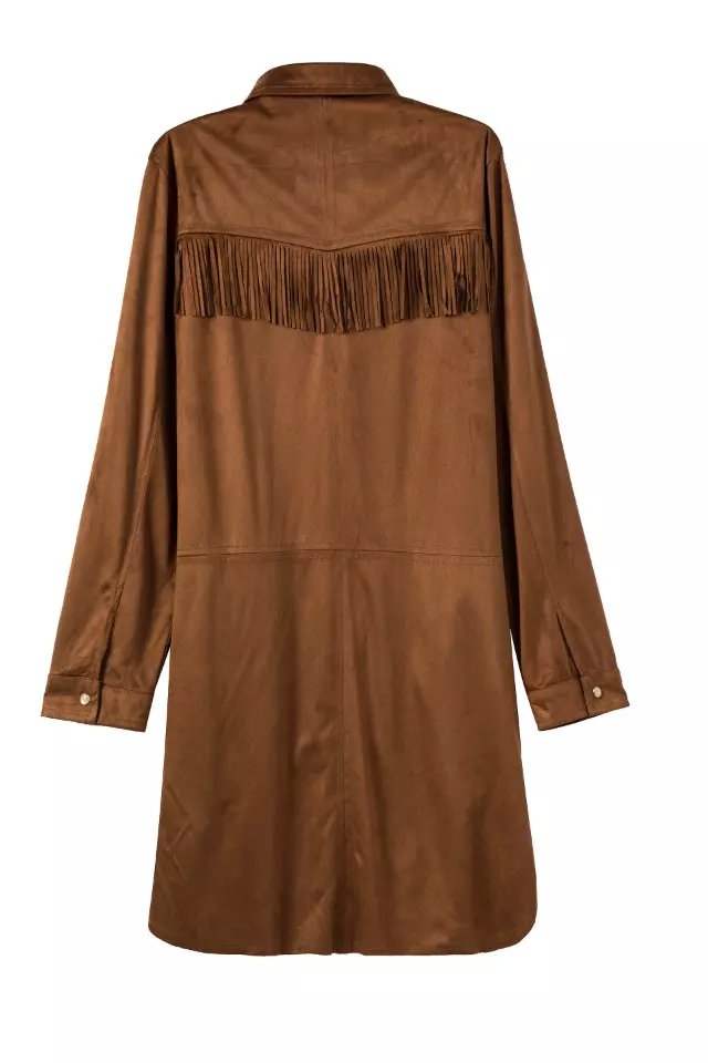 Spring Fashion Women brown Faux Suede Leather button tassel vintage side open turn-down collar loose pocket Shirt Dress