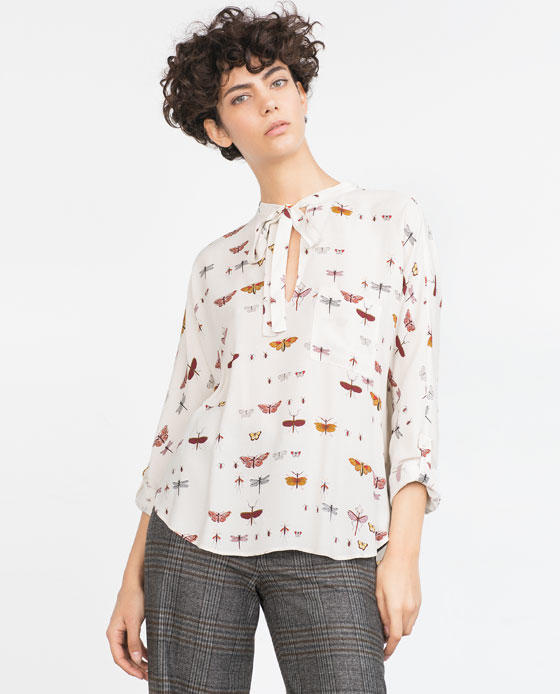 Spring Fashion women cotton Drawstring bow white Butterfly print blouse Vintage pocket long sleeve causal brand plus size