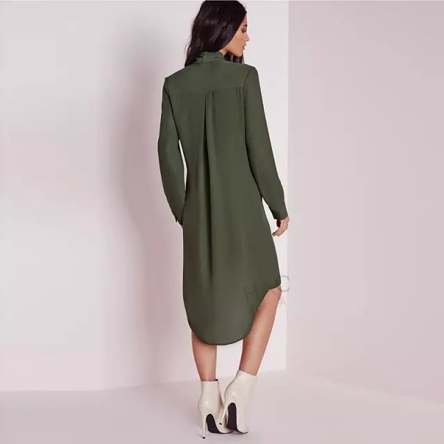 Spring Fashion women elegant Army green long sleeve Knee-Length shirt Dress vintage bow collar button loose causal brand