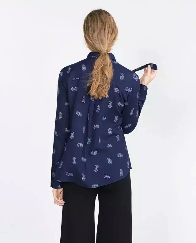 Spring Fashion women elegant bow tie blue print blouse vintage turn-down collar long sleeve button casual brand shirts