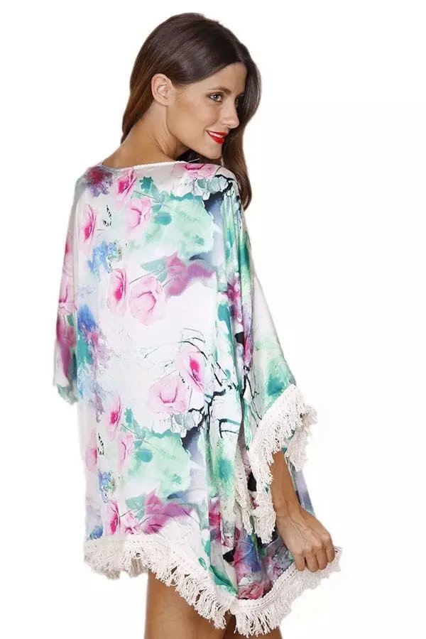 Spring Fashion Women Elegant floral Print Tassel Kimono outwear Vintage Three Quarter sleeve loose Casual brand cardigans
