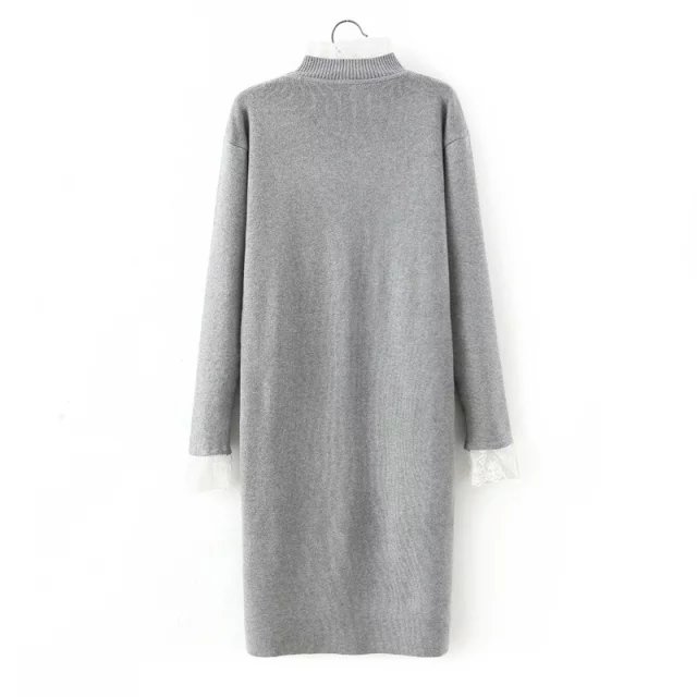 Spring Fashion Women elegant knitted sweater Lace patchwork gray Dress Turtleneck Long sleeve fit casual brand female