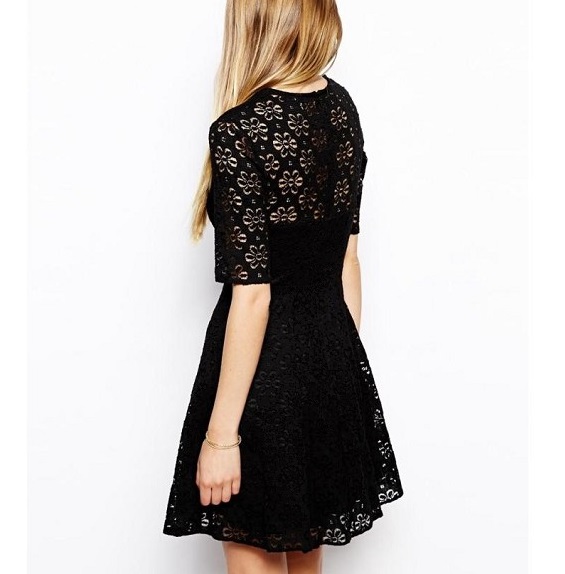 Spring Fashion women Elegant sexy black lace hollow out pleated mini Dress Vintage O-neck Half Sleeve casual party brand