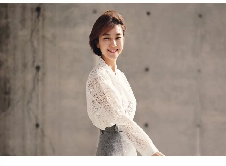 Spring Fashion women elegant sexy lace hollow out white Blouse see through stand collar long sleeve shirts loose brand