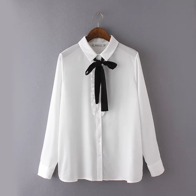 Spring Fashion Women elegant sweet bow tie white ruffle cotton blouses peter pan collar button shirt casual brand tops