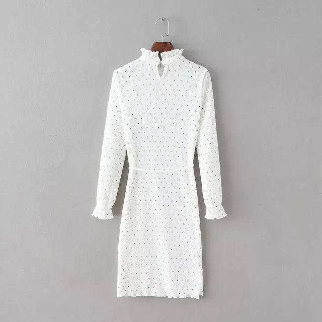 Spring Fashion Women elegant thick white dots print with belt Dress long Sleeve Ruffled neck stretch fit casual brand
