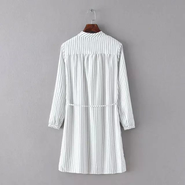 Spring Fashion Women Elegant thick white striped print Dress vintage button pocket stand collar long Sleeve casual brand