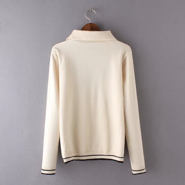 Spring Fashion women school style sweet beige Bow pattern pullover peter pan collar Long sleeve knitted sweater brand