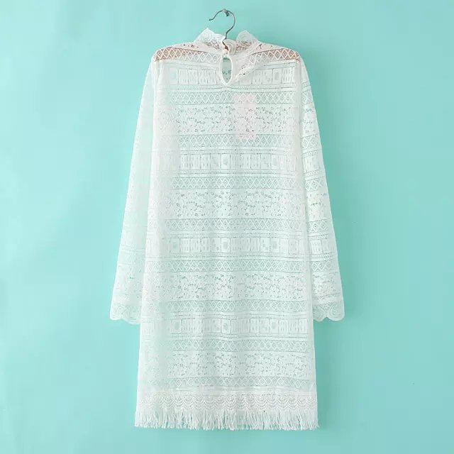 Spring Fashion women sexy hollow out tassel white long sleeve see through Lace Dress ruffled collar loose causal brand