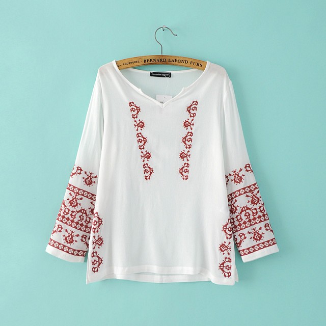 Spring Fashion Women white Geometric Embroidery Blouse Vintage Shirt Long Sleeve V-Neck Casual Blusas Femininas Blusa