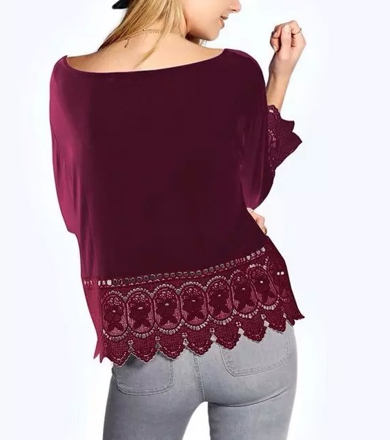 Spring fashion women wine red lace Patchwork hollow out blouse O-neck Three Quarter Sleeve shirt casual blusas camisa Brand