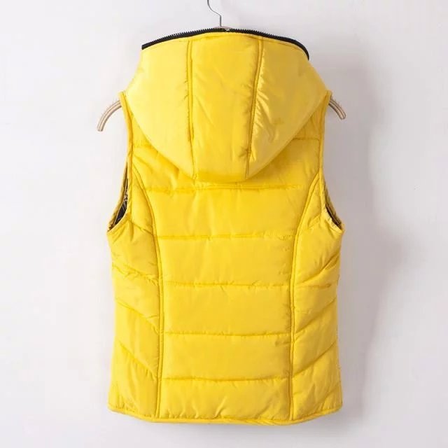 Women Fashion winter thick warm yellow Cotton Hooded Vest Two-sided wear Zipper pocket sleeveless ruffle fit casual brand