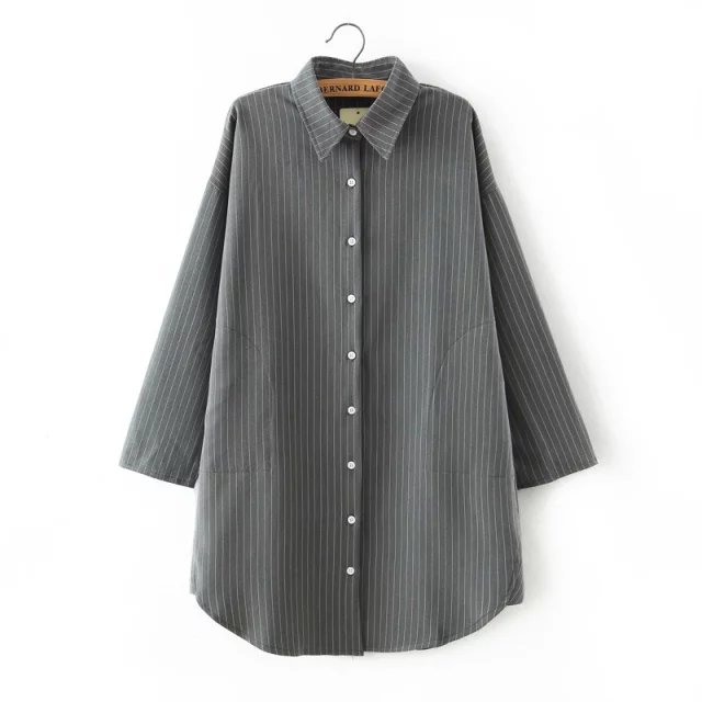 Women Long Shirt Dress Spring Fashion Striped Print Turn-down Collar batwing Sleeve Button gray loose casual brand vestidos