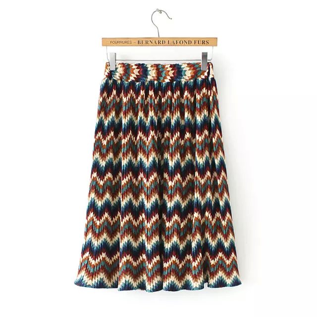 Women Spring Fashion Boho Vintage colorful Wave pattern Elastic waist pleated long skirt casual brand design female