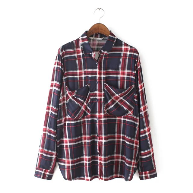 Women Spring fashion england cotton plaid blouses turn-down collar long sleeve pocket button casual brand female tops