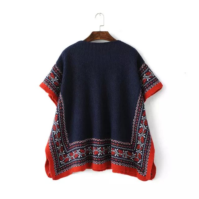 Women Sweaters Fashion Vintage blue floral pattern Knitted short Sleeve Pullovers O-neck loose Casual brand Cloak