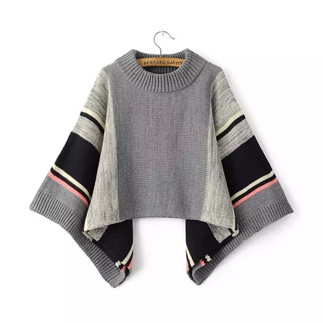Women Sweaters Fashion winter warm gray Striped pattern Knitted irregular batwing Sleeve Turtleneck vintage loose Cloak