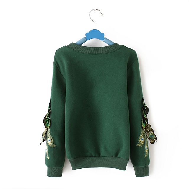 Women Sweatshirts Winter Thick warm Fashion green Peacock Embroidery patchwork Pullover hoodies streetwear Casual brand