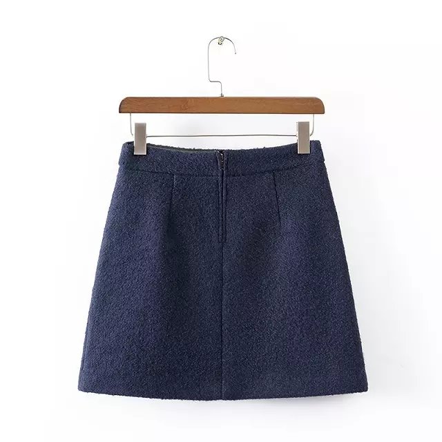 Women winter Fashion American apparel blue Woolen PU patchwork pocket A-line mini Skirt zipper saias feminina faldas jupe