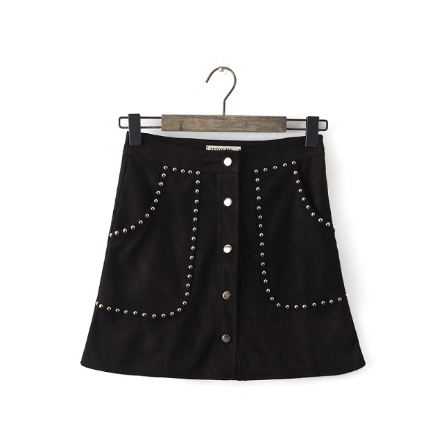 American Fashion Female black Faux Suede leather Rivet button pocket A-line mini Skirt for women feminina faldas jupe