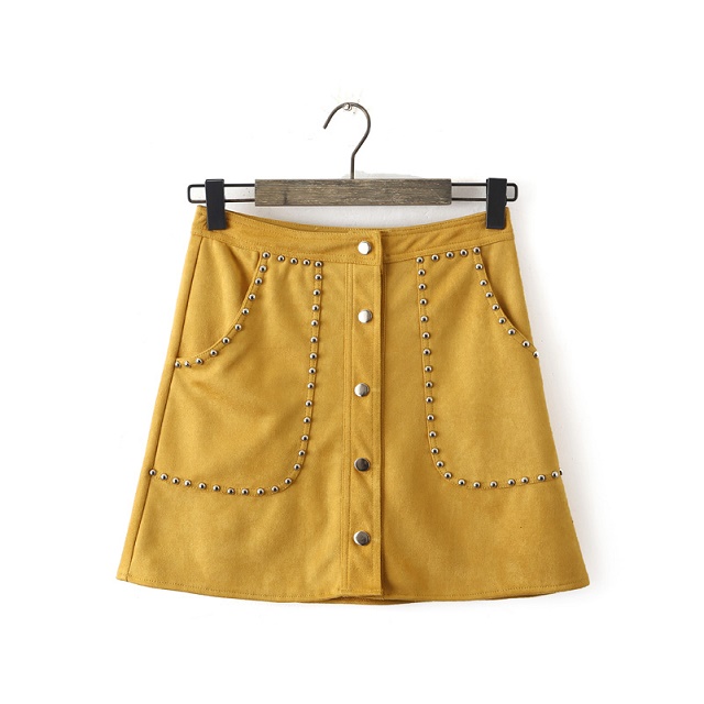 American Spring Fashion Women brown Faux Suede leather Rivet button pocket A-line mini Skirt Female feminina faldas jupe