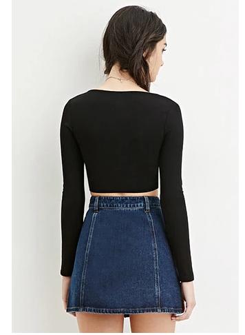 American Style Spring Fashion Women sexy black short T-shirt V-neck ruffle Long sleeve crop Shirt casual fit stretch tops